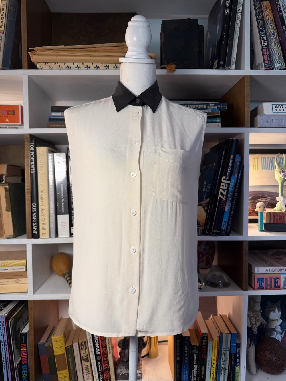 Equipment Sleeveless Button-Up Shirt in Cream with Black Collar